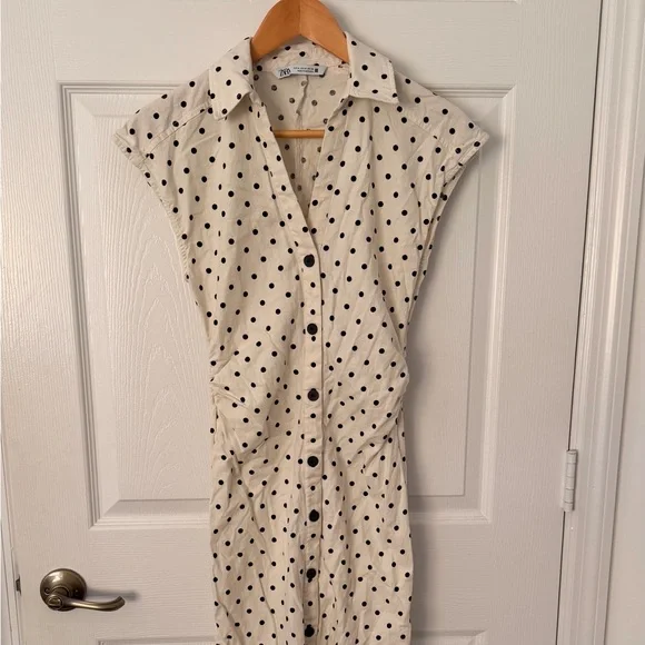 Zara Cream Polka Dot Midi Dress - Picture 2 of 4
